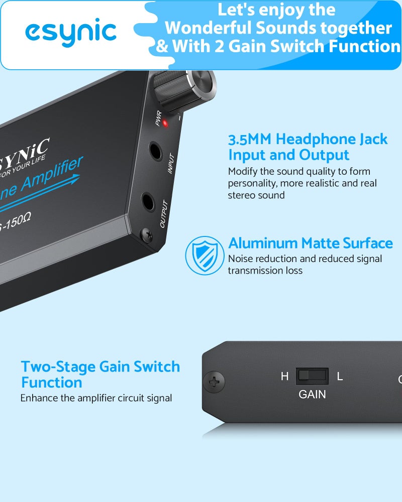 eSynic 16-150Î© Headphone Amplifier Poratble- HiFi 3.5MM Audio Headphone Amp Rechargeable with 2-Stage Gain Switch-Aluminum Alloy Body & 12H Playtime for Car/MP3&4/Phone/PC/Laptop (3.5mm AUX) - Image 2